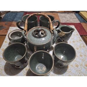 Otagiri Somayaki Soma Ware Green Crackle Horse Teapot Set 8pc- Excellent Find